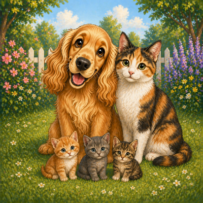 dog, cat, kittens